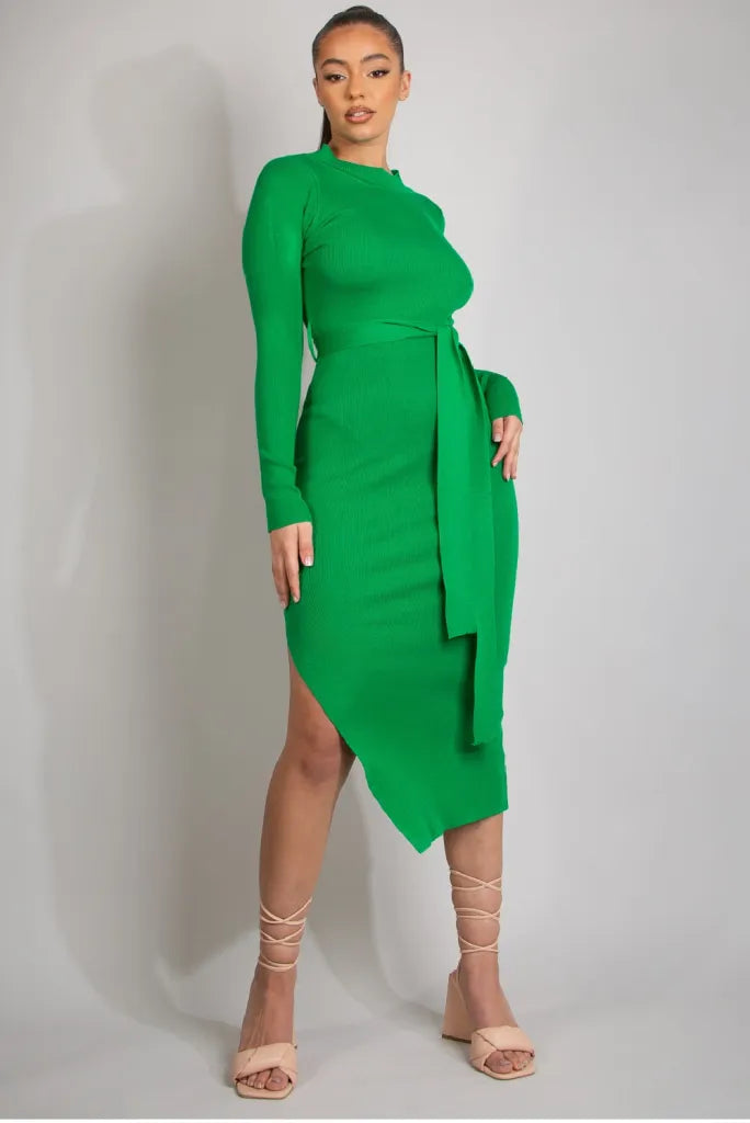 Ribbed Round Neck Belted Midi Dress