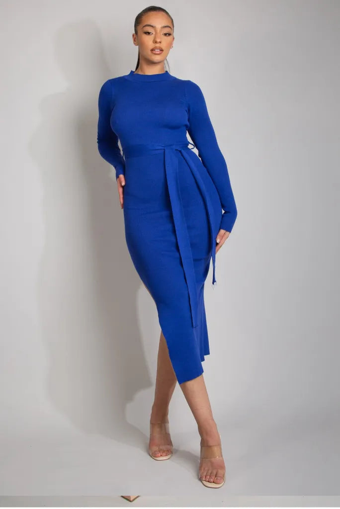 Ribbed Round Neck Belted Midi Dress