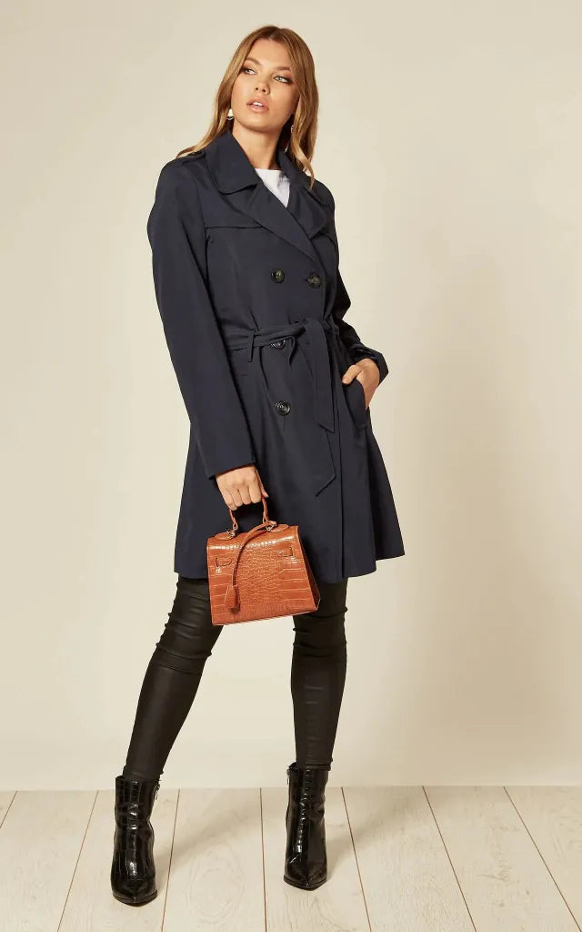 De La Creme - Womens Spring/summer Double Breasted Trench Coat Navy Blue / Uk 8/eu 36/us 4