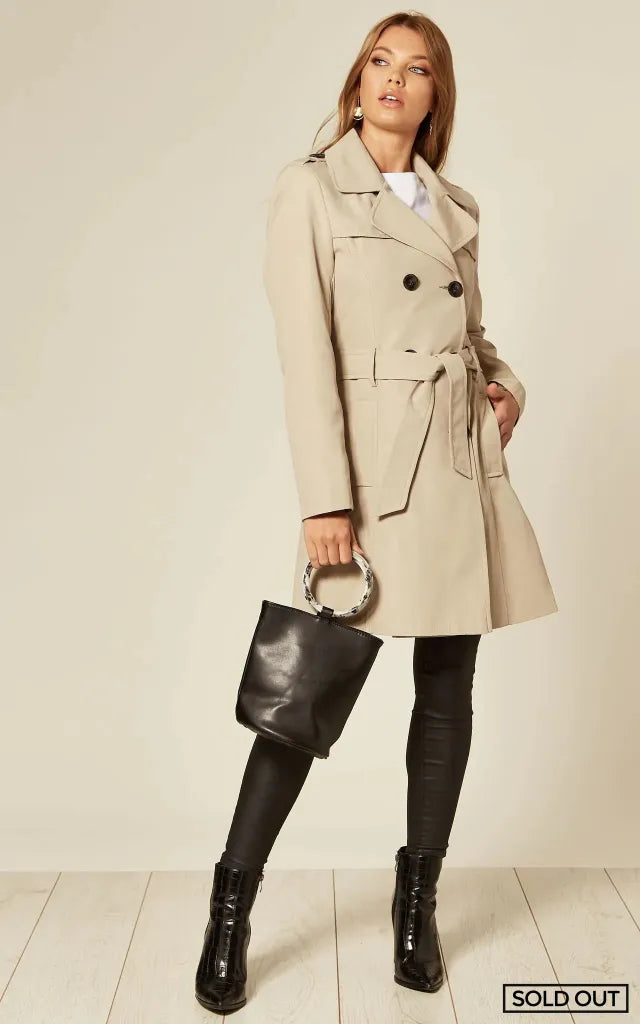 De La Creme - Womens Spring/summer Double Breasted Trench Coat Stone / Uk 10/eu 38/us 6