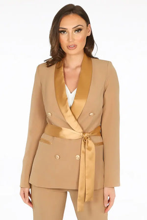 Tailored Belted Blazer With Satin Lapel Camel / Uk 8/Eu 36/Us 4