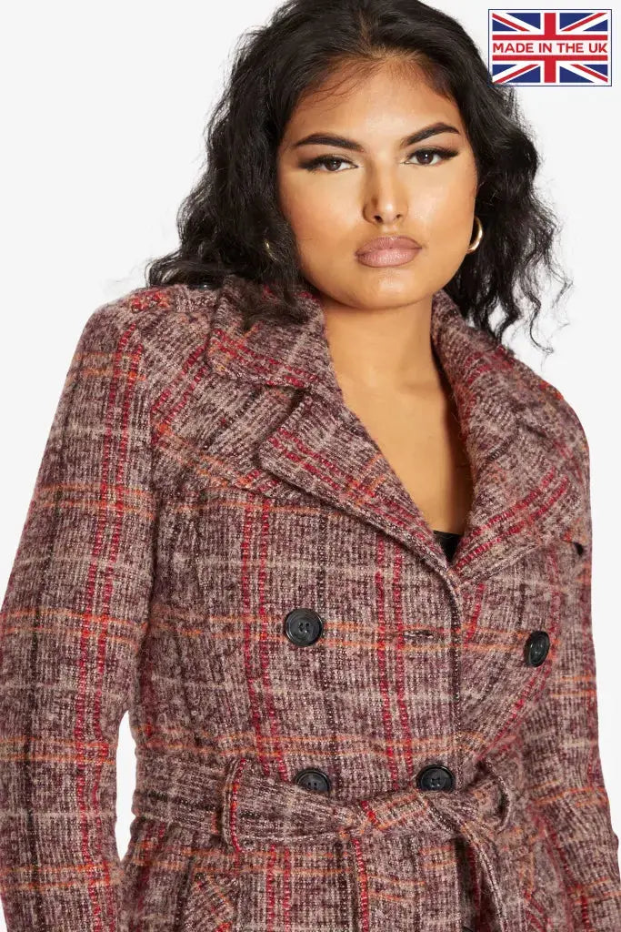 De La Creme Womens Wool Blend Check Double Breasted Military Coat
