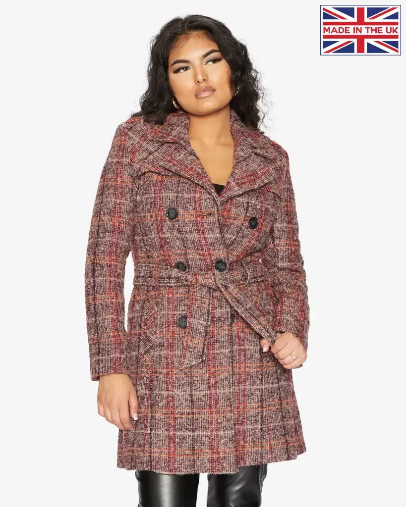 De La Creme Womens Wool Blend Check Double Breasted Military Coat