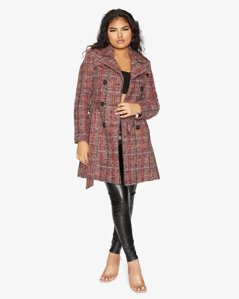 De La Creme Womens Wool Blend Check Double Breasted Military Coat Pink / Uk 10/eu 38/us 6 Coats &