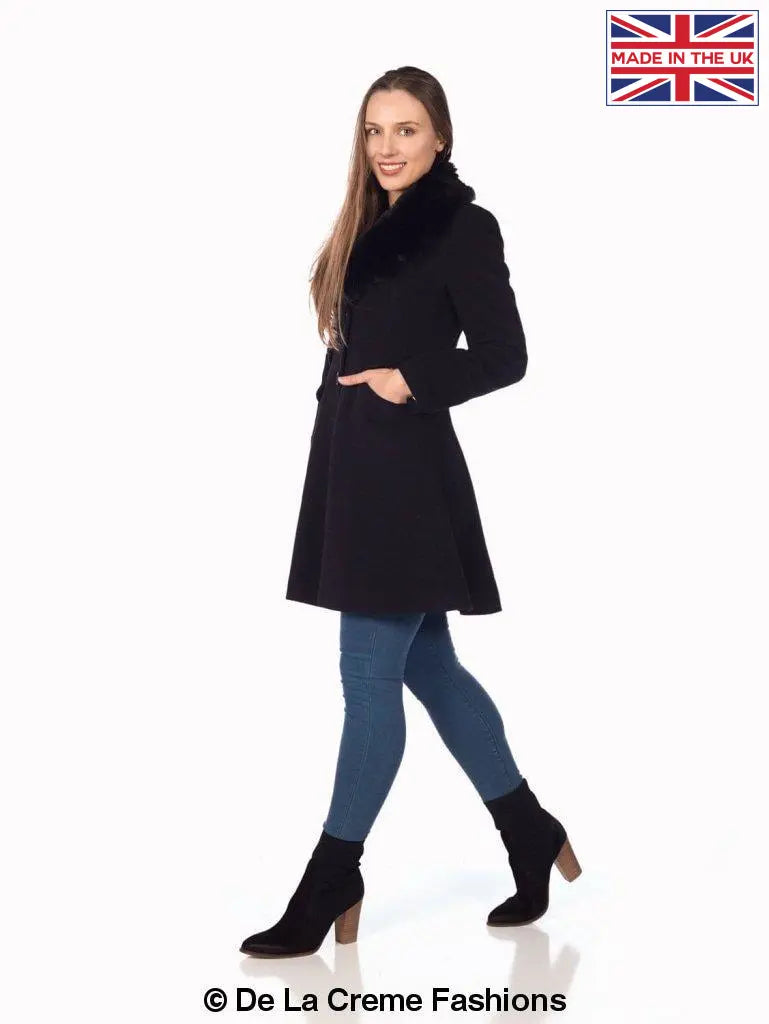 De La Creme - Womens Wool Blend Faux Fur Collar Midi Coat