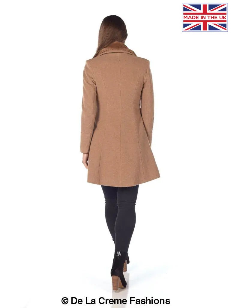 De La Creme - Womens Wool Blend Faux Fur Collar Midi Coat