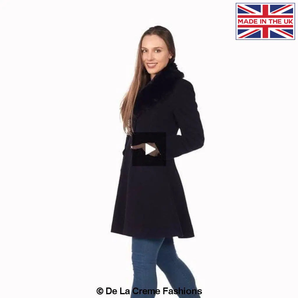 De La Creme - Womens Wool Blend Faux Fur Collar Midi Coat