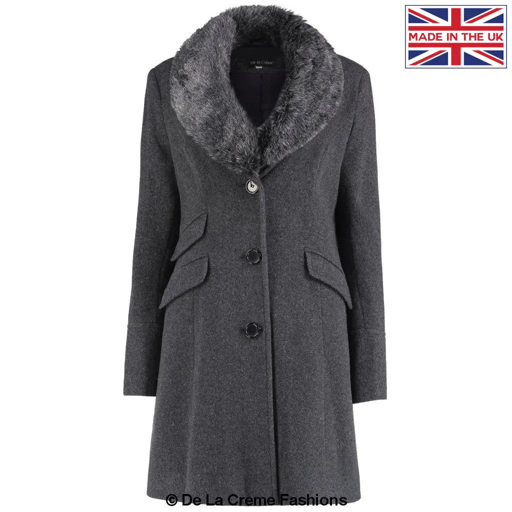 De La Creme - Womens Wool Blend Faux Fur Collar Midi Coat