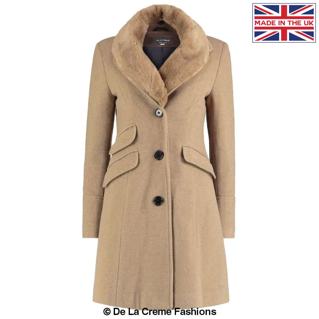 De La Creme - Womens Wool Blend Faux Fur Collar Midi Coat