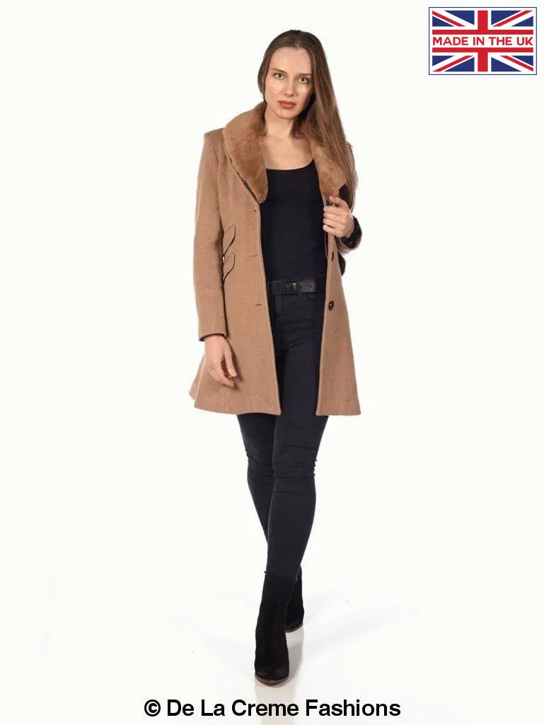 De La Creme - Womens Wool Blend Faux Fur Collar Midi Coat