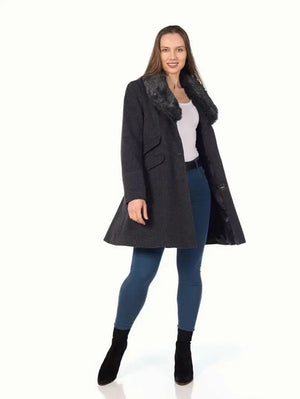 De La Creme - Womens Wool Blend Faux Fur Collar Midi Coat