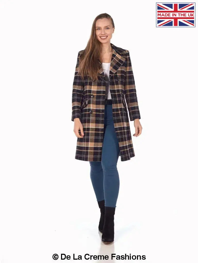 De La Creme Womens Wool Blend Tartan Check Double Breasted Coat