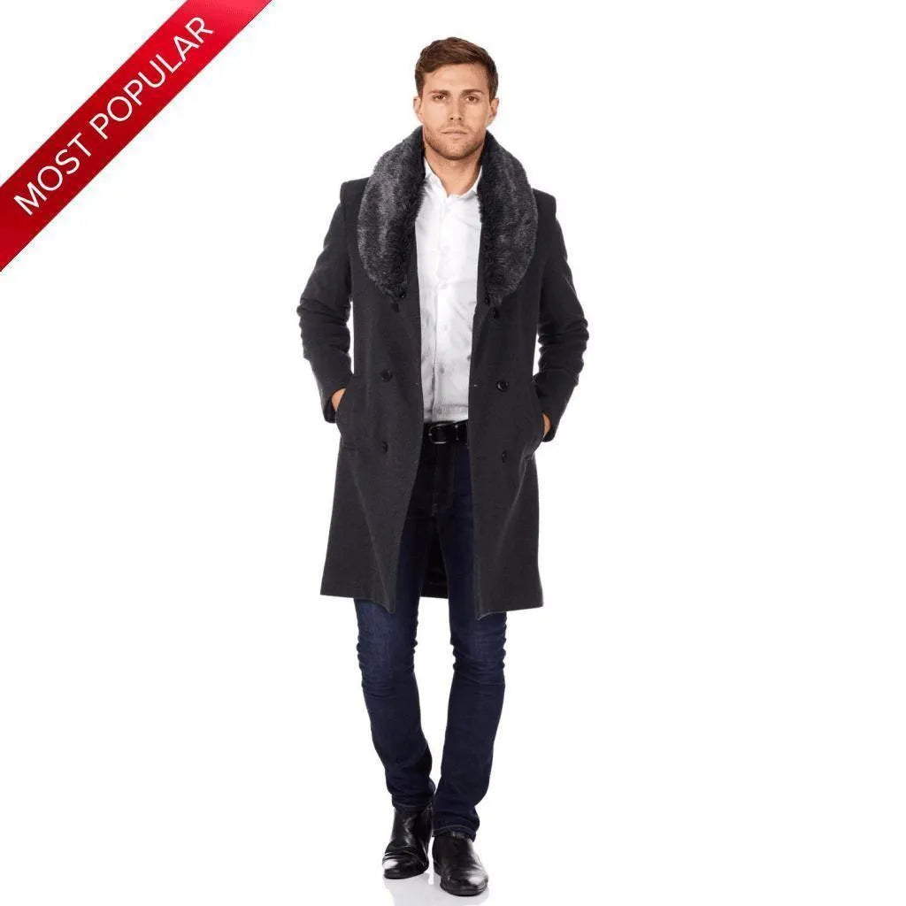 De La Creme MAN - Wool Mix Overcoat With Faux Fur Collar